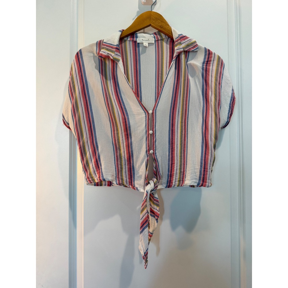 Beceel Women Striped Tie Front Crop Top Blouse Multi Color Rayon Size L 17112